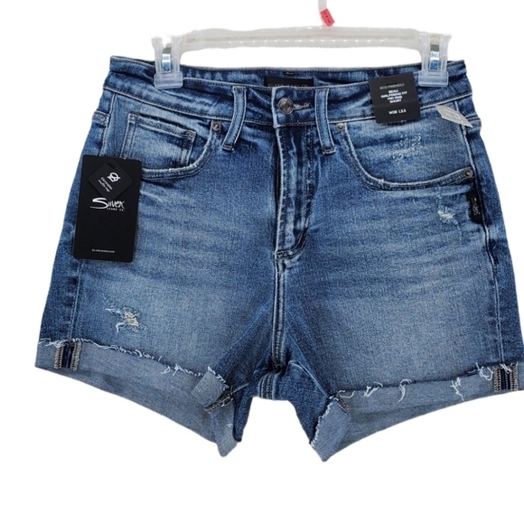Silver Jeans Shorts Women 26x3.5 Beau Girlfriend Fit Mid Rise Raw Cuff Blue NWT - Picture 1 of 16